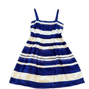 LOFT Size 0 (Fits 2-4) Blue & White Striped Fit and Flare Midi Dress